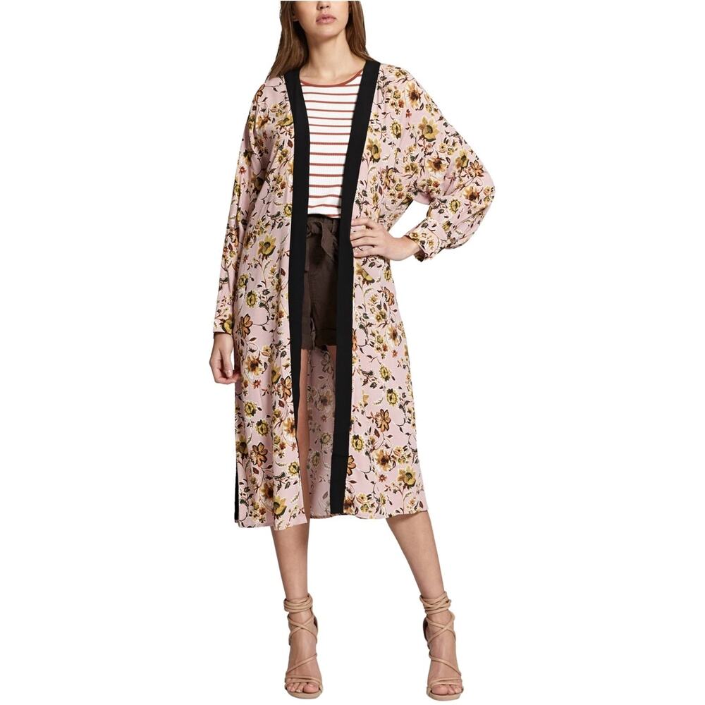 Sanctuary Kimono Womens One Size Calico‎ Floral Pink Midi Open Front Long Sleeve